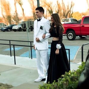 Two piece maxi lace prom dress black